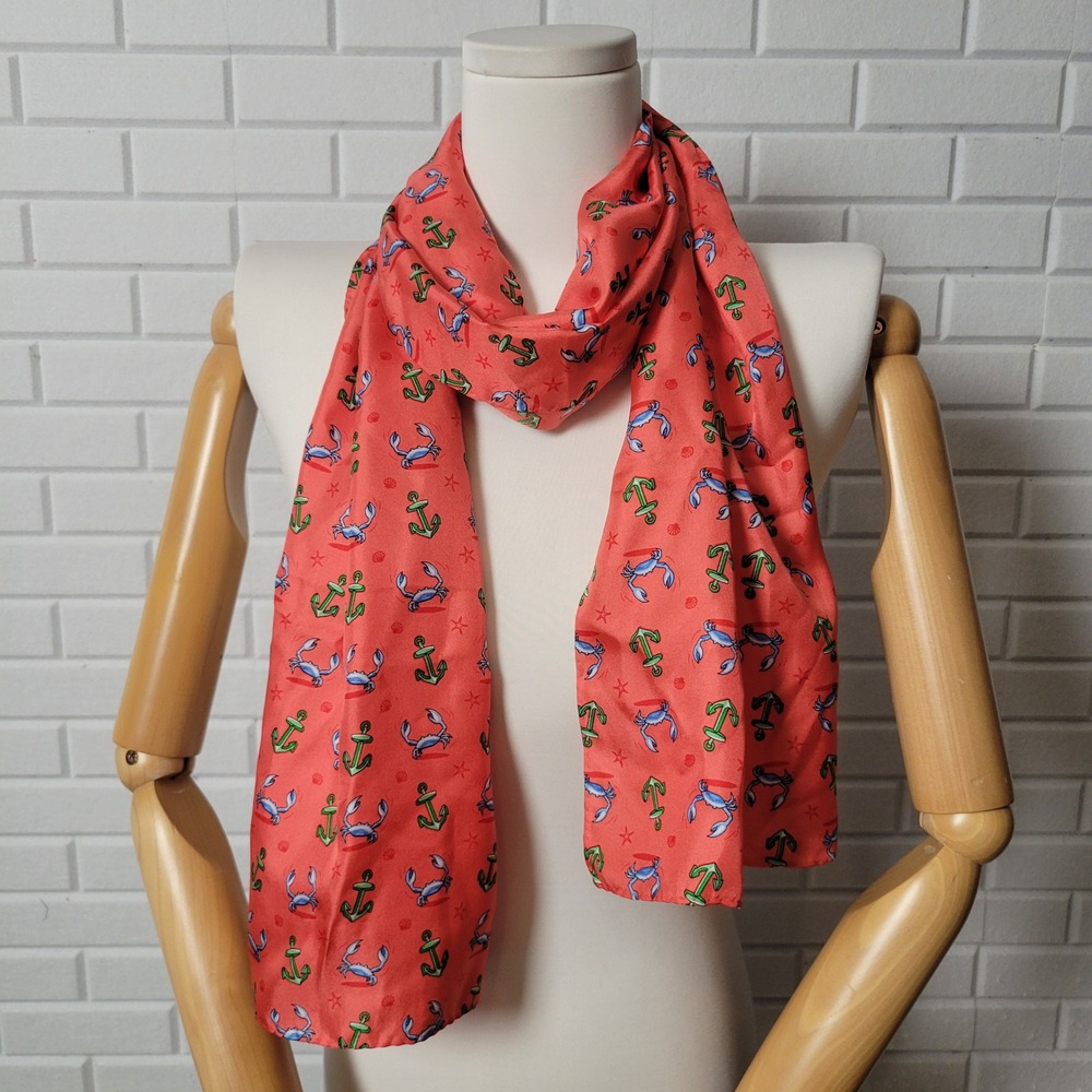 Vintage 90s Silk Twill Nautical Scarf Coral Pink Crab Anchor Novelty Print - Picture 2 of 8